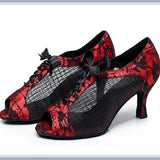 Latin Black Red Lace Up Ballroom Salsa Dancing Shoes For Girls Soft Bottom Waltz Dance Sandals