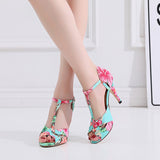 Blue Red Flower Dance Shoes Satin Soft Bottom Latin Ballroom Salsa Dancing Shoes For Women Girls