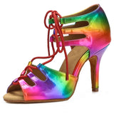<transcy>Zapatos de baile latino para salón de baile para mujer, sandalias de baile de salsa con cordones para mujer, tacón deportivo de PU con arcoíris</transcy>
