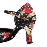Satin Closed Toe Latin Ballroom Dance Shoes Rhinestone Modern Salsa Shoes Custom Heels
