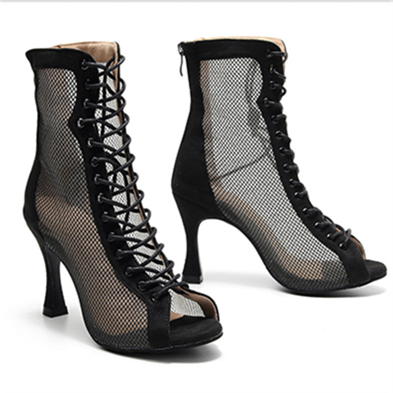 <transcy>Модные бальные сапоги для сальсы, джаза и танго, обувь для занятий латинскими танцами, женская обувь для танцев, стильная сетка из флока на высоком каблуке</transcy>