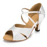 Satin Latin Ballroom Dance Shoes Rhinestone Soft Sole Heel Tango Salsa Dance Shoes For Women Girls