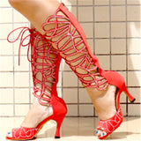 Women Dance Shoes Black Red Suede Rhinestone Dance Boots for Girls Soft Sole Salsa Dance Shoes for Wedding Sandals