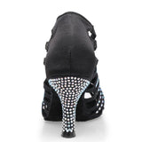 Women's Ballroom Dance Boots Rhinestone Black Satin Latin Tango Salsa Swing Bachata Dancing Shoes Heeled