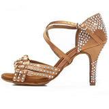 <transcy>Sandalias de salón de baile de diamantes de imitación, sandalias de baile de salsa latina, zapatos de fiesta y boda para mujer, suela de gamuza suave, talón personalizado de satén</transcy>