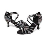 Professional Women Latin Dance Shoes Satin Rhinestone Ballroom Salsa Dance Shoes Black Blue Pink