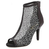 <transcy>Mujer Salón Social Salón de baile Latino Salsa Botas de baile Malla Fiesta Zapatos de baile con Sandalias de tacón en la espalda de satén negro</transcy>