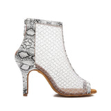 <transcy>Mujeres Salón de baile social Botas de baile de salsa latina Zapatos de baile de fiesta de malla de aire blanco con textura de serpiente</transcy>