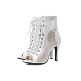 Stilettos High Heels Women Dance Shoes White Apricot PU Mesh Suede Soft Sole Latin Ballroom Sandals Ankle Boots