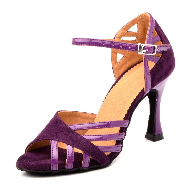 Latin Dance Shoes Women Suede PU Purple Beige Salsa Party Ballroom Dance Shoes Cuban Heel 9cm