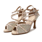 Soft Sole Latin Dance Shoes Tango Salsa Rumba Samba Ladies Pearl Rhinestone High Heels Women Sandals