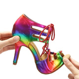 <transcy>Zapatos de baile latino para salón de baile para mujer, sandalias de baile de salsa con cordones para mujer, tacón deportivo de PU con arcoíris</transcy>