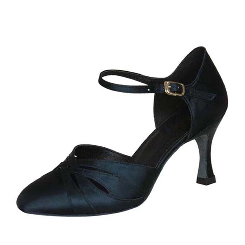 Black Satin Women Modern Dance Shoes Buckle Soft Sole Pointed Closed Toe Latin Ballroom Dancing Shoes