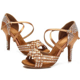 <transcy>Sandalias de salón de baile de diamantes de imitación, sandalias de baile de salsa latina, zapatos de fiesta y boda para mujer, suela de gamuza suave, talón personalizado de satén</transcy>