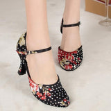 Satin Closed Toe Latin Ballroom Dance Shoes Rhinestone Modern Salsa Shoes Custom Heels