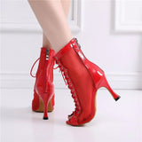 <transcy>Salsa Jazz Ballroom Square Plus Size Latin Boots Zapatos de baile para mujeres Dancing Girl Elegante Tacón alto Air Mesh</transcy>