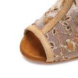 <transcy>Botas de baile de salsa latina de salón social para mujer, zapatos de baile de fiesta de malla de aire con estampado de plantas con tacón de bronce con tacón trasero</transcy>