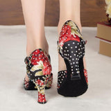 Satin Closed Toe Latin Ballroom Dance Shoes Rhinestone Modern Salsa Shoes Custom Heels