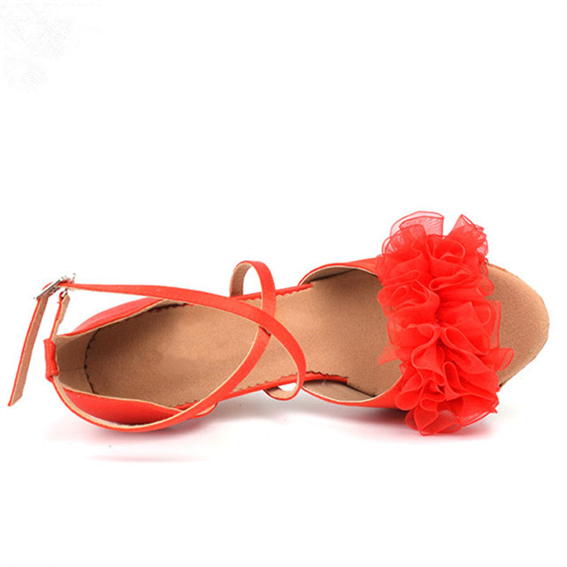 Latin Dance Shoes Women Red Satin Flower Ballroom Salsa Dancing Sandals