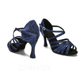 Satin Rhinestone Women Dance Shoes Black Blue Latin Ballroom Salsa Tango Custom Dancing Shoes Heels