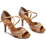 <transcy>Sandalias de salón de baile de diamantes de imitación, sandalias de baile de salsa latina, zapatos de fiesta y boda para mujer, suela de gamuza suave, talón personalizado de satén</transcy>
