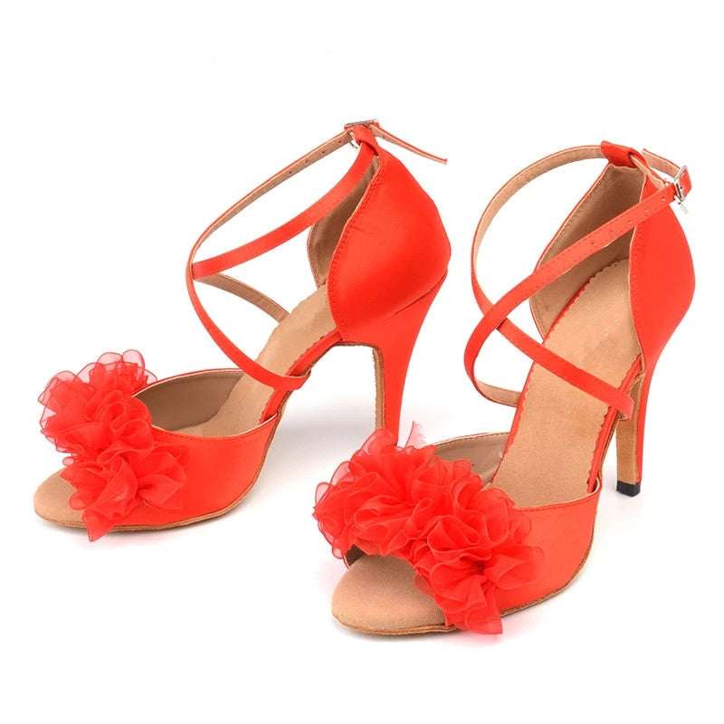 Latin Dance Shoes Women Red Satin Flower Ballroom Salsa Dancing Sandals