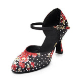 Satin Closed Toe Latin Ballroom Dance Shoes Rhinestone Modern Salsa Shoes Custom Heels
