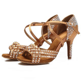 <transcy>Sandalias de salón de baile de diamantes de imitación, sandalias de baile de salsa latina, zapatos de fiesta y boda para mujer, suela de gamuza suave, talón personalizado de satén</transcy>