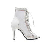 Stilettos High Heels Women Dance Shoes White Apricot PU Mesh Suede Soft Sole Latin Ballroom Sandals Ankle Boots
