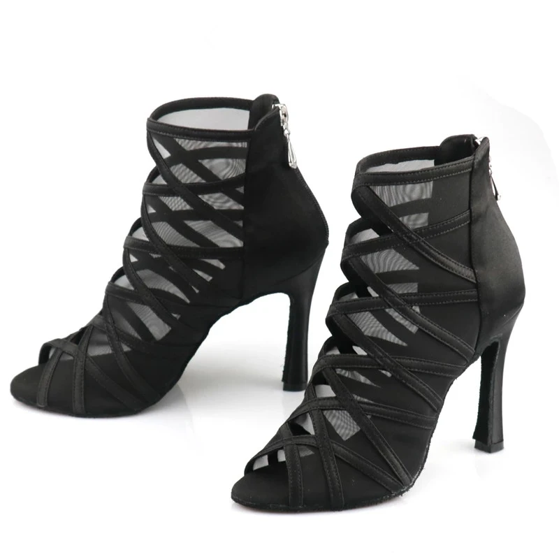 Ladies Mesh Suede Fashion Dance Shoes Cross Strap Sexy High Heel Latin Dance Salsa Shoes Boots