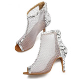 <transcy>Mujeres Salón de baile social Botas de baile de salsa latina Zapatos de baile de fiesta de malla de aire blanco con textura de serpiente</transcy>