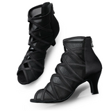 Fashion Ballroom Latin Salsa Dance Boots Women Social Dancing High Heels with Black Mesh Satin Cross Strap