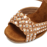 <transcy>Sandalias de salón de baile de diamantes de imitación, sandalias de baile de salsa latina, zapatos de fiesta y boda para mujer, suela de gamuza suave, talón personalizado de satén</transcy>
