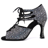 Dance Shoes Latin Women Girls Jazz Waltz Ballroom Dance Booties Shining Rhinestone Black