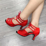 Dance Shoes Latin Women Girls Jazz Waltz Ballroom Dance Booties Shining Rhinestone Red