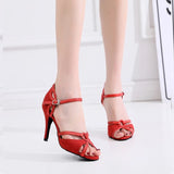 Red Flock Women Dance Shoes Indoor Soft Bottom Latin Ballroom Salsa Dancing Shoes