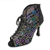 Women's Customized Heel Latin Dance Ankle Boots Ballroom Salsa Dance Shoes Black Rhinestone