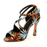Salsa Jazz Ballroom Latin Shoes For Dancing Women Strip High Heels Featured Graffiti Satin Sandals