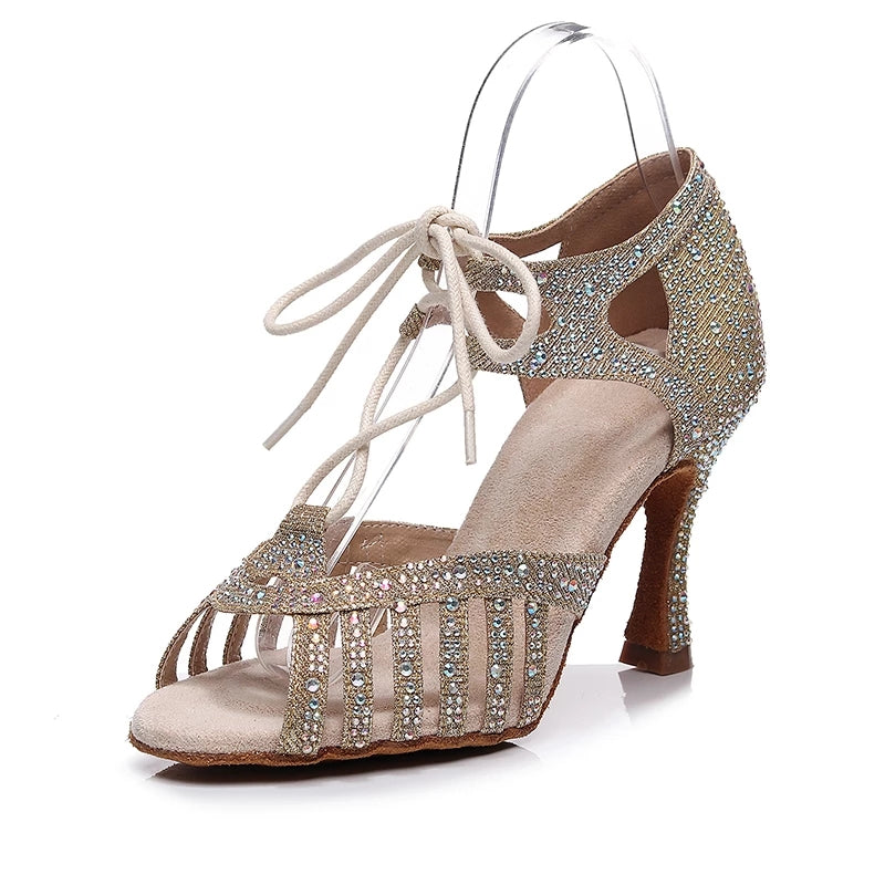 Women Glitter Latin Ballroom Tango Dance Shoes Rhinestone Salsa Dancing Shoes For Wedding Lace Up Shoes