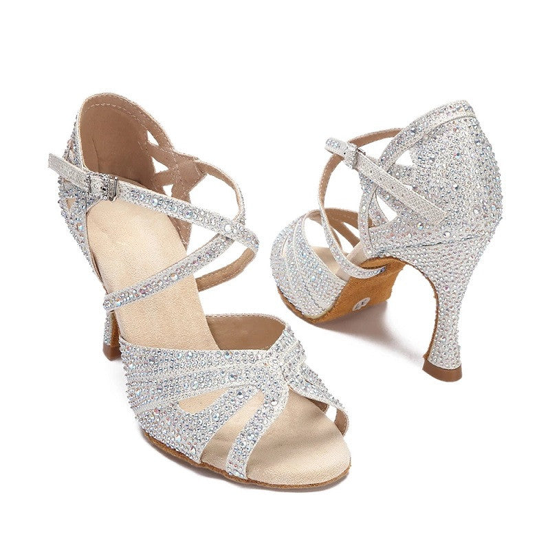Fashionable Rhinestone Latin Dance Shoes Tango Salsa Rumba Samba Ladies High Heels Soft Sole Women Sandals