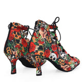 Professional Ballroom Dance Shoes 7cm Ladies Salsa Dance Shoes Suede Small Skull Women Latin Dance Boots Holloween