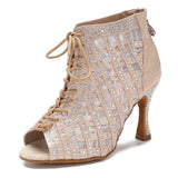 Satin Mesh Dance Boots Pink White Rhinestone Ballroom Salsa Tango Salsa Dancing Shoes For Women Girls