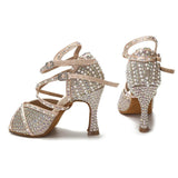 Soft Sole Latin Dance Shoes Tango Salsa Rumba Samba Ladies Pearl Rhinestone High Heels Women Sandals