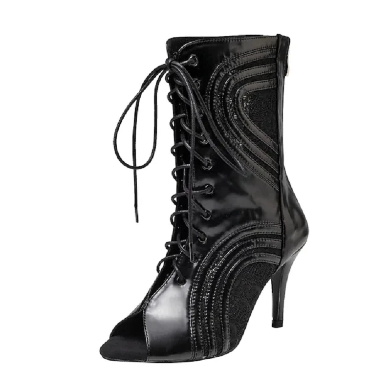 Women Black Dance Boots PU Latin Ballroom Tango Salsa Dancing Shoes Customized Heel