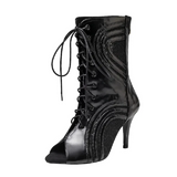Women Black Dance Boots PU Latin Ballroom Tango Salsa Dancing Shoes Customized Heel