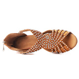 Rhinestone Satin Women Dance Shoes Bronze Black Latin Ballroom Tango Salsa Dancing Shoes