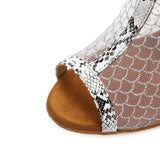 <transcy>Mujeres Salón de baile social Botas de baile de salsa latina Zapatos de baile de fiesta de malla de aire blanco con textura de serpiente</transcy>