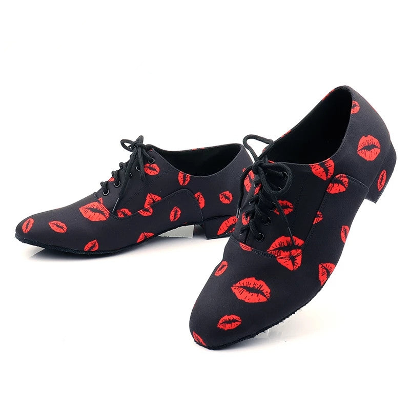 Sneakers Latin Dance Shoes Men Black Red lip Satin Ballroom Modern Dance Shoes