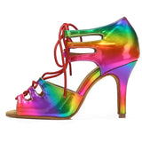 <transcy>Zapatos de baile latino para salón de baile para mujer, sandalias de baile de salsa con cordones para mujer, tacón deportivo de PU con arcoíris</transcy>