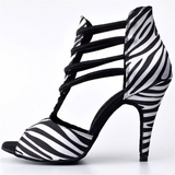 Zebra Color Satin Boots Women's Sandals Salsa Tango Latin Dance Shoes Customized Heel